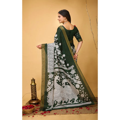 Generic Women's Soft Handloom Cotton Kalamkari Printed Saree With Unstitched Blouse 5.5Mtr (Green)