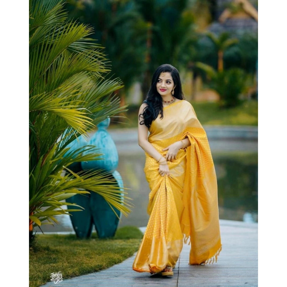 Generic Women's Soft Lichi Silk Printed Saree With Unstitched Blouse 5.5Mtr (Yellow)