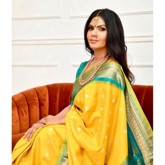 Generic Women's Soft Lichi Silk Printed Saree With Unstitched Blouse 5.5Mtr (Yellow)