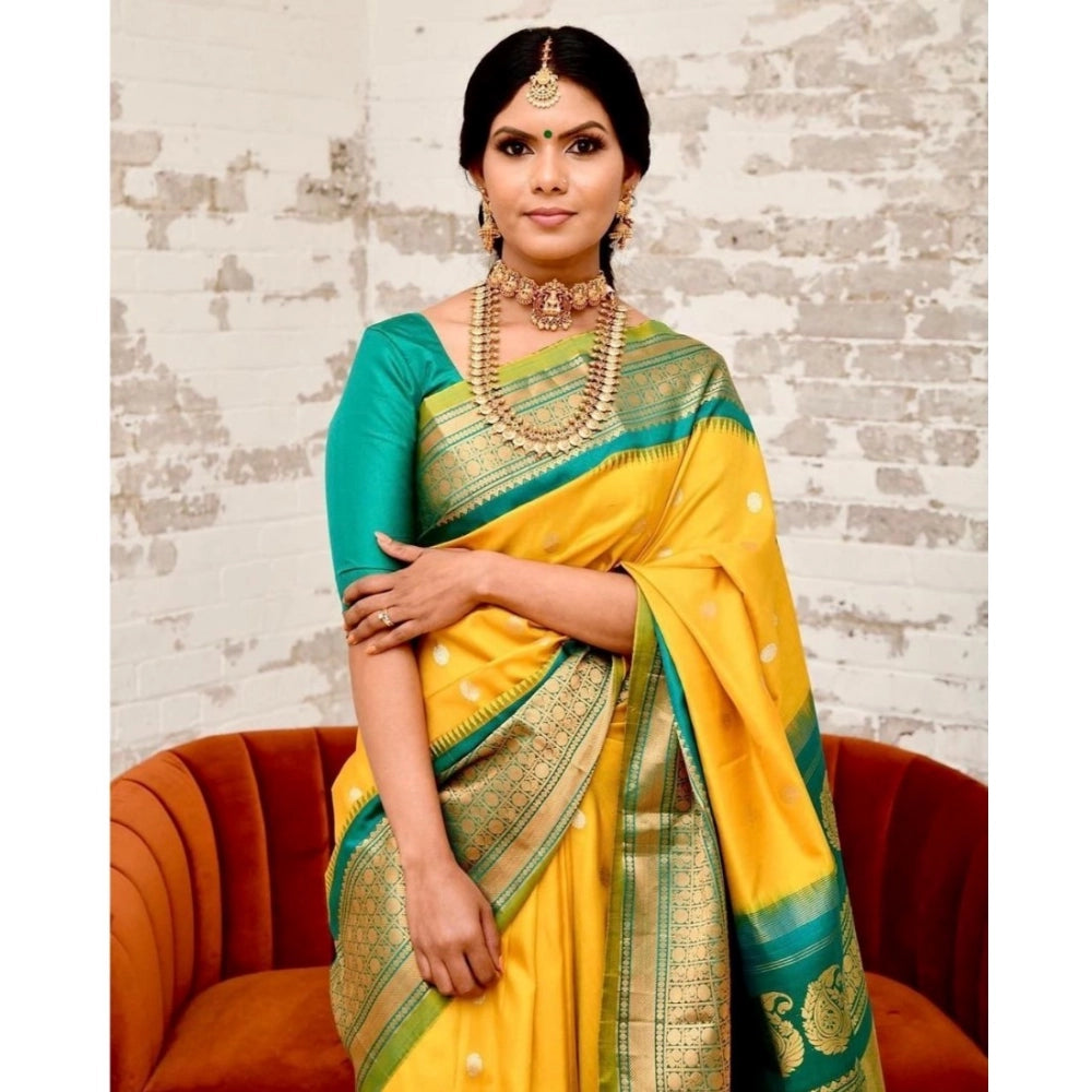 Generic Women's Soft Lichi Silk Printed Saree With Unstitched Blouse 5.5Mtr (Yellow)