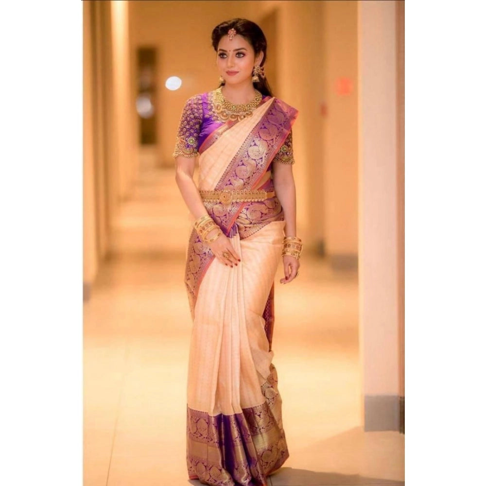 Generic Women's Soft Lichi Silk Printed Saree With Unstitched Blouse 5.5Mtr (Purple)