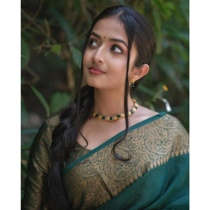 Generic Women's Soft Lichi Silk Solid Saree With Unstitched Blouse 5.5Mtr (Green)