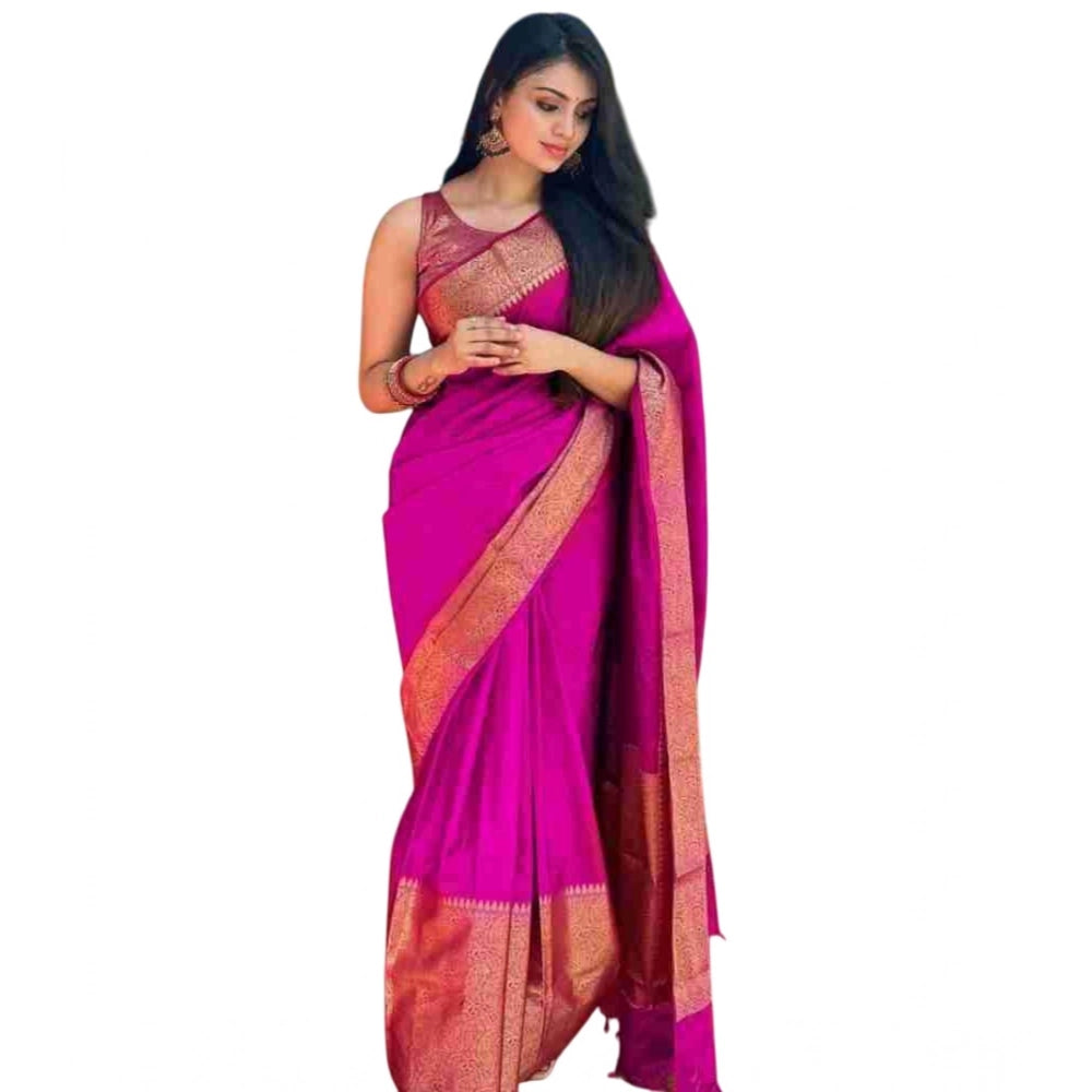 Generic Women's Soft Lichi Silk Solid Saree With Unstitched Blouse 5.5Mtr (Pink)