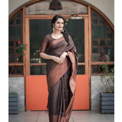 Generic Women's Soft Lichi Silk Printed Saree With Unstitched Blouse 5.5Mtr (Brown)