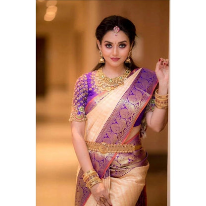 Generic Women's Soft Lichi Silk Printed Saree With Unstitched Blouse 5.5Mtr (Purple)