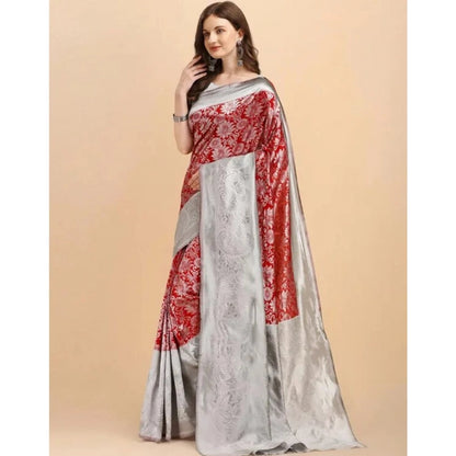 Generic Women's Soft Lichi Silk Printed Saree With Unstitched Blouse 5.5Mtr (Red)