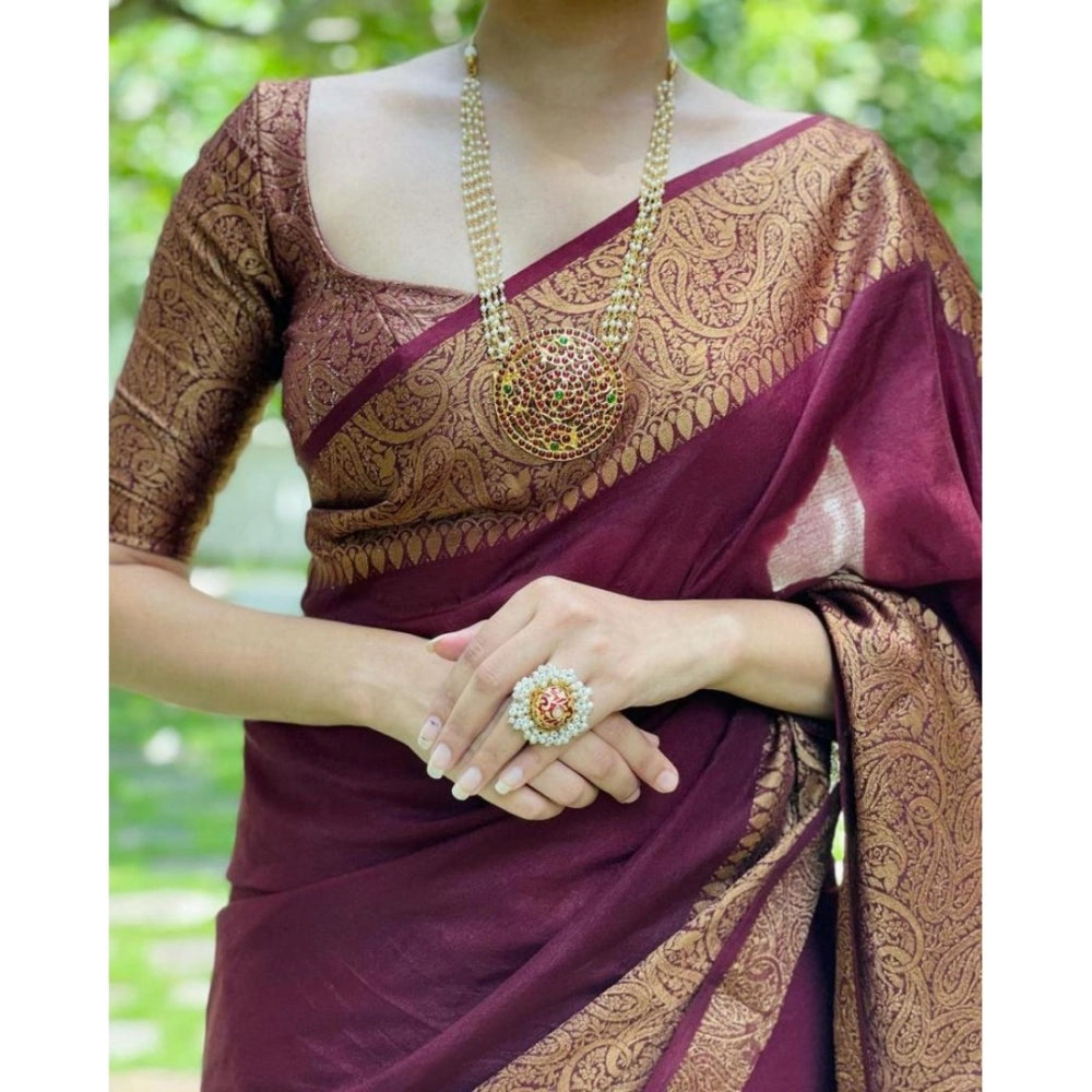 Generic Women's Soft Lichi Silk Solid Saree With Unstitched Blouse 5.5Mtr (Maroon)
