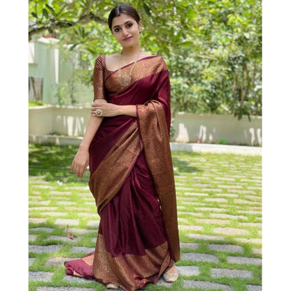Generic Women's Soft Lichi Silk Solid Saree With Unstitched Blouse 5.5Mtr (Maroon)