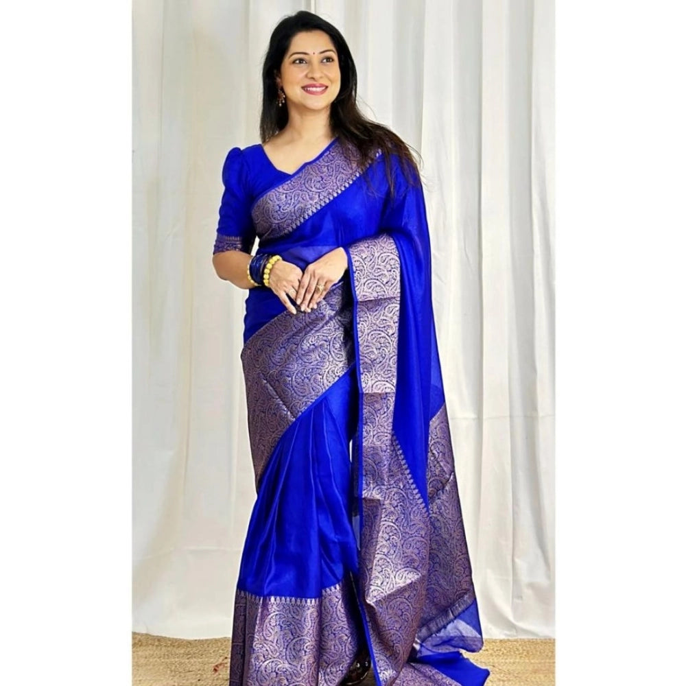 Generic Women's Soft Lichi Silk Solid Saree With Unstitched Blouse 5.5Mtr (Blue)