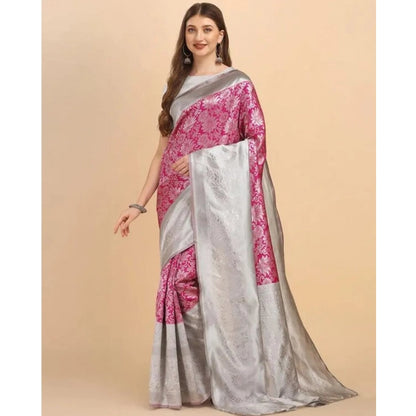Generic Women's Soft Lichi Silk Printed Saree With Unstitched Blouse 5.5Mtr (Pink)
