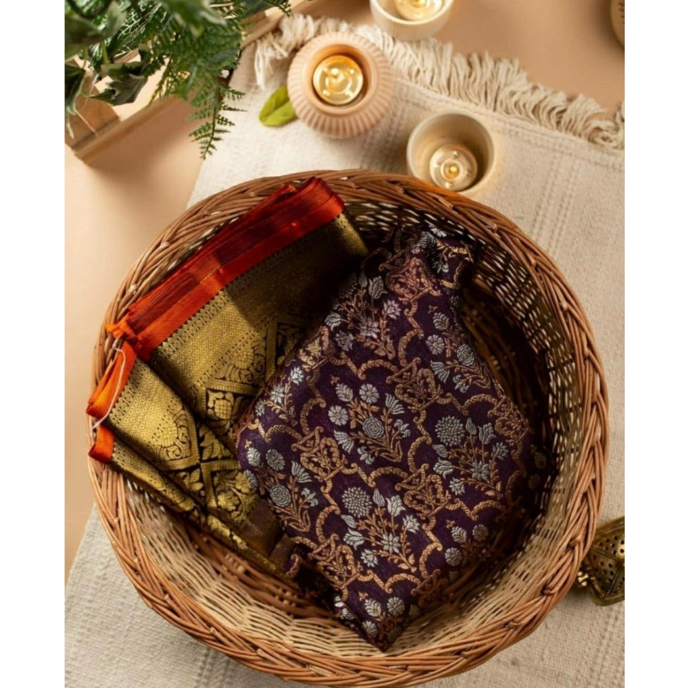 Generic Women's Soft Lichi Silk Printed Saree With Unstitched Blouse 5.5Mtr (Purple)