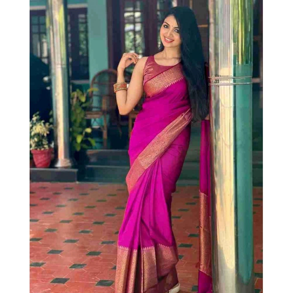 Generic Women's Soft Lichi Silk Solid Saree With Unstitched Blouse 5.5Mtr (Pink)