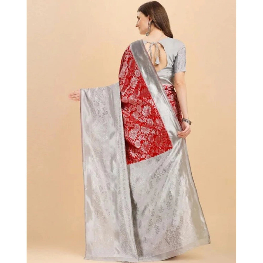 Generic Women's Soft Lichi Silk Printed Saree With Unstitched Blouse 5.5Mtr (Red)