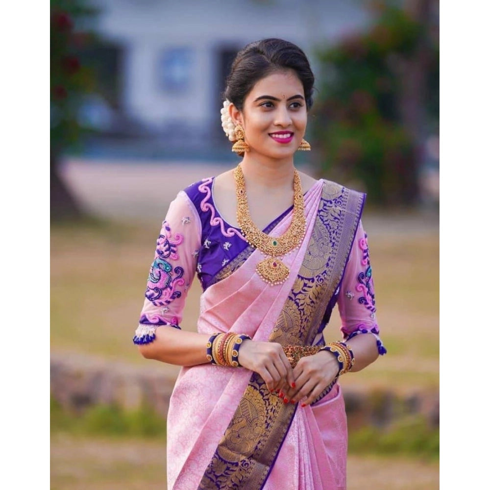 Generic Women's Soft Lichi Silk Printed Saree With Unstitched Blouse 5.5Mtr (Purple)