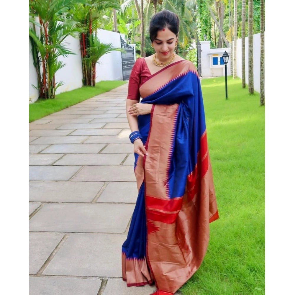 Generic Women's Soft Lichi Silk Solid Saree With Unstitched Blouse 5.5Mtr (Blue)