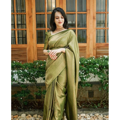Generic Women's Soft Lichi Silk Printed Saree With Unstitched Blouse 5.5Mtr (Green)
