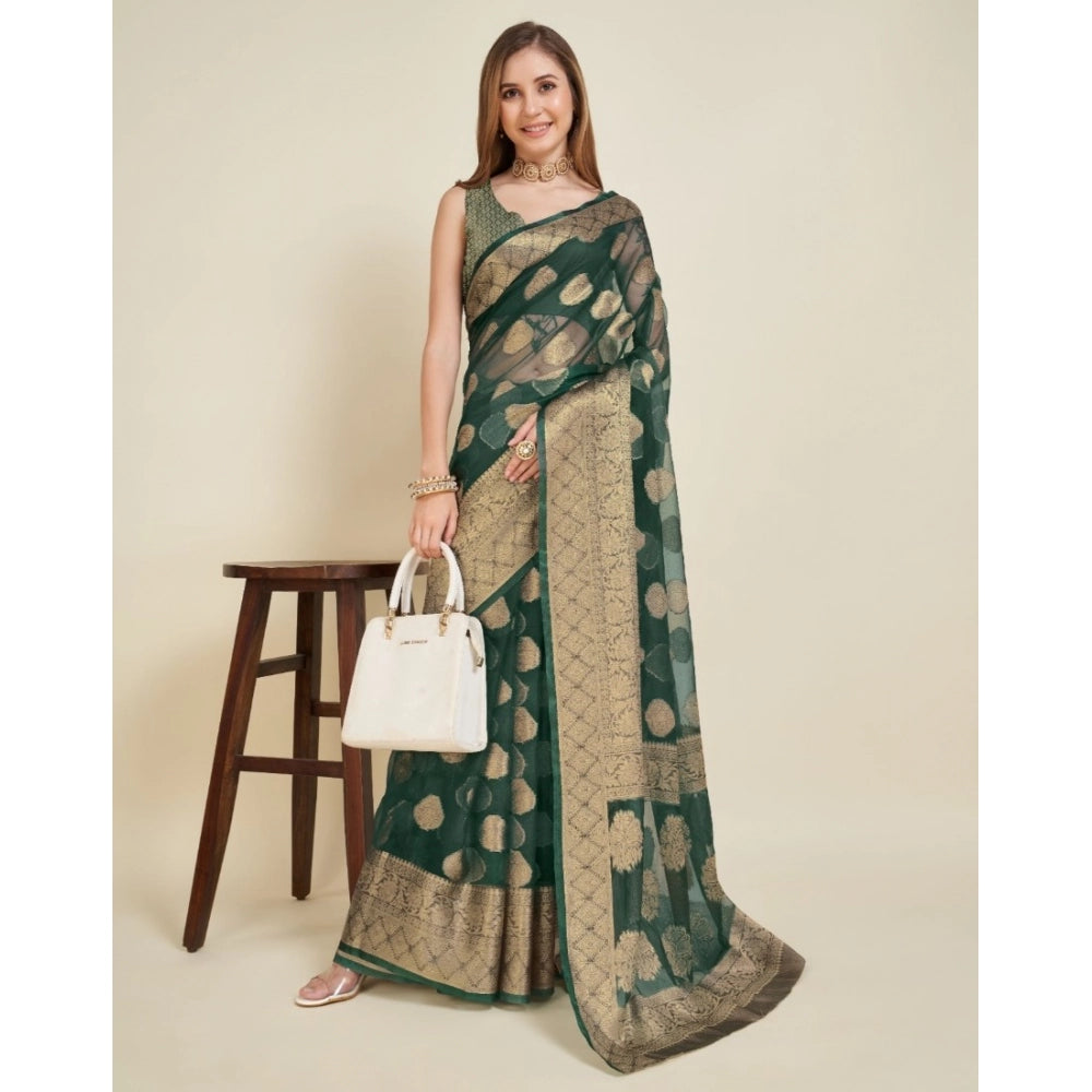 Generic Women's Soft Organza Silk Weaving Design Saree With Unstitched Blouse 5.5Mtr (Green)