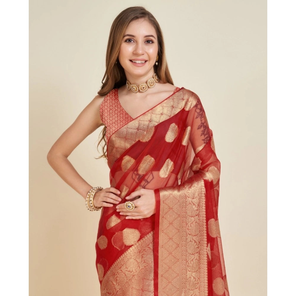 Generic Women's Soft Organza Silk Weaving Design Saree With Unstitched Blouse 5.5Mtr (Red)