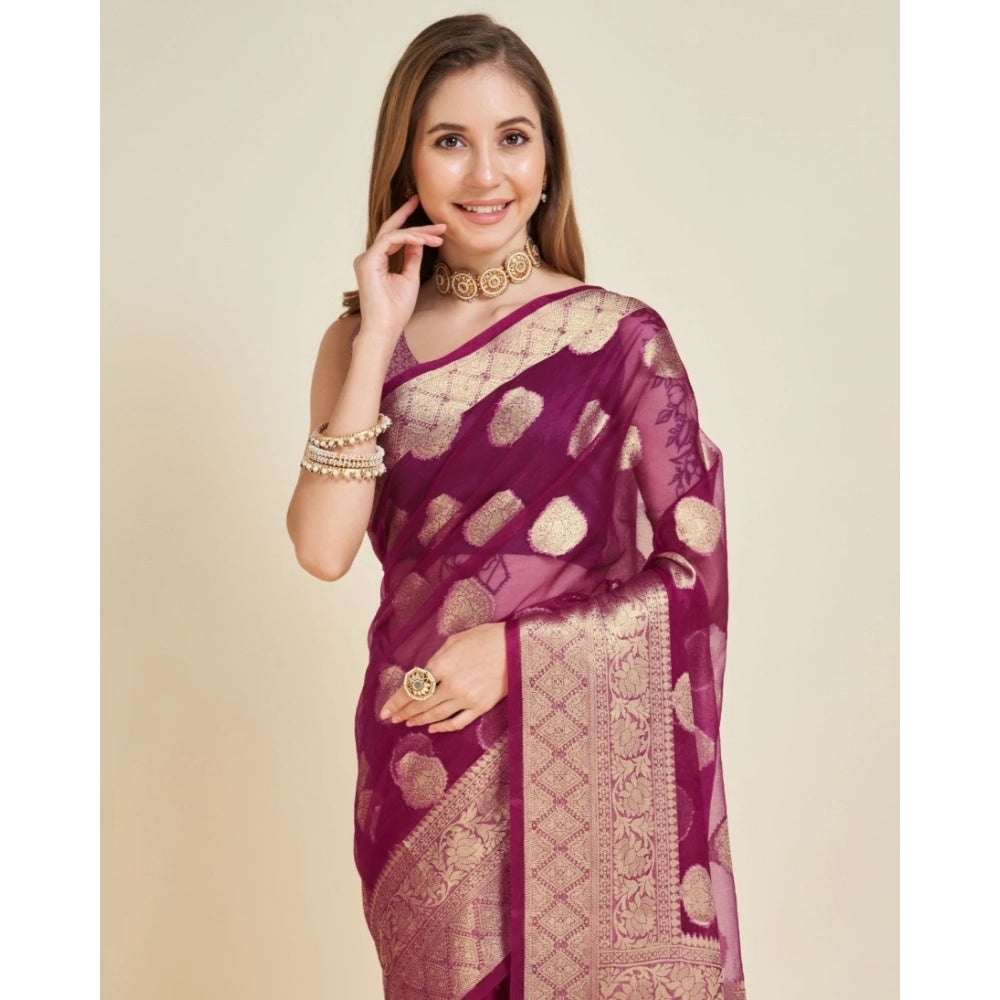 Generic Women's Soft Organza Silk Weaving Design Saree With Unstitched Blouse 5.5Mtr (Wine)