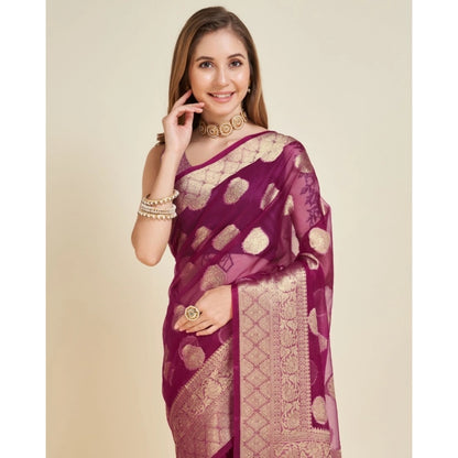 Generic Women's Soft Organza Silk Weaving Design Saree With Unstitched Blouse 5.5Mtr (Wine)