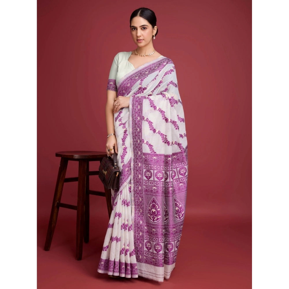 Generic Women's Jamdani Cotton Silk Printed Saree With Unstitched Blouse 5.5Mtr (Wine)