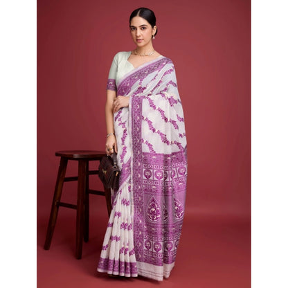 Generic Women's Jamdani Cotton Silk Printed Saree With Unstitched Blouse 5.5Mtr (Wine)