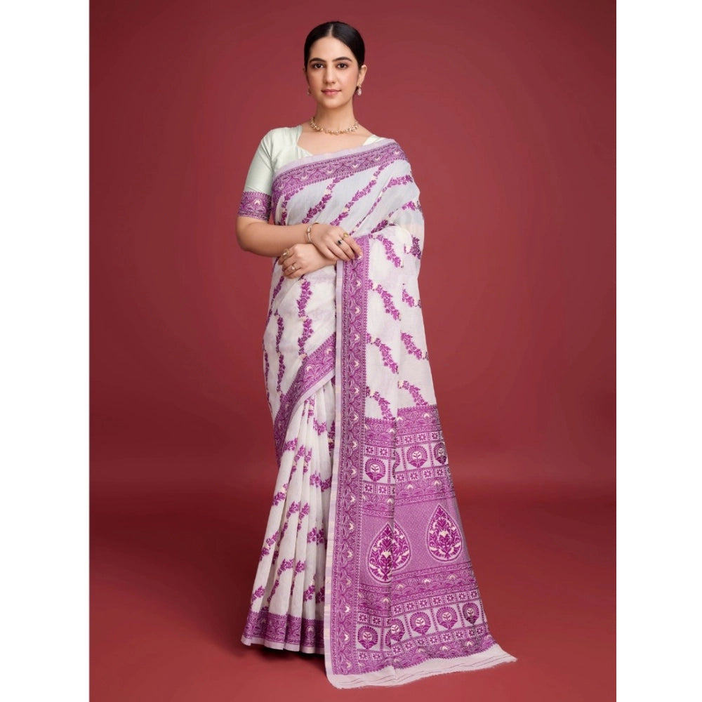 Generic Women's Jamdani Cotton Silk Printed Saree With Unstitched Blouse 5.5Mtr (Wine)