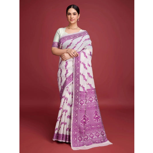 Generic Women's Jamdani Cotton Silk Printed Saree With Unstitched Blouse 5.5Mtr (Wine)