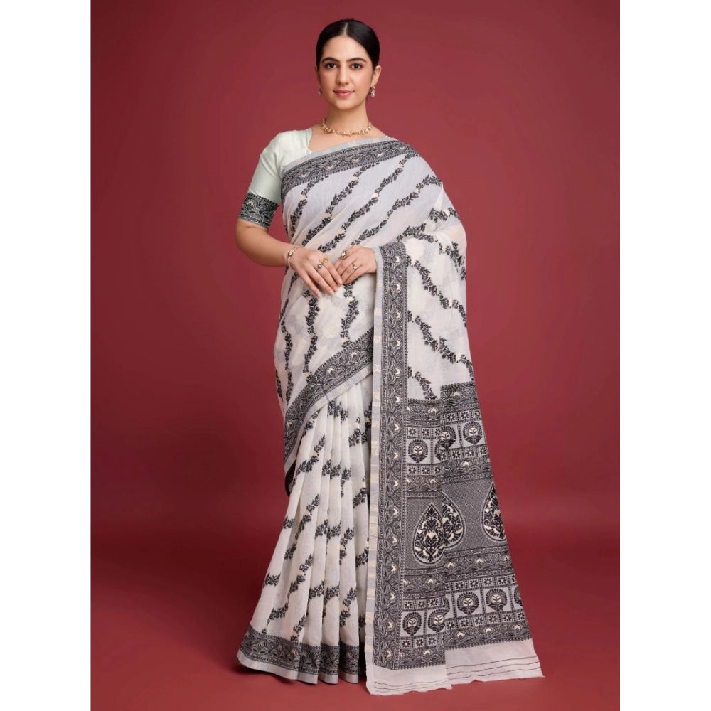 Generic Women's Jamdani Cotton Silk Printed Saree With Unstitched Blouse 5.5Mtr (Black)