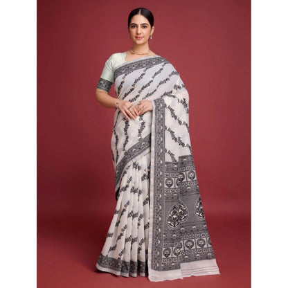 Generic Women's Jamdani Cotton Silk Printed Saree With Unstitched Blouse 5.5Mtr (Black)