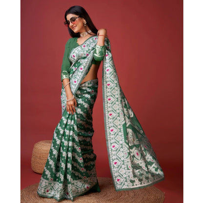 Generic Women's Cotton Silk Printed Saree With Unstitched Blouse 5.5Mtr (Green)