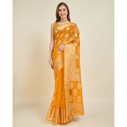 Generic Women's Soft Organza Silk Weaving Design Saree With Unstitched Blouse 5.5Mtr (Yellow)