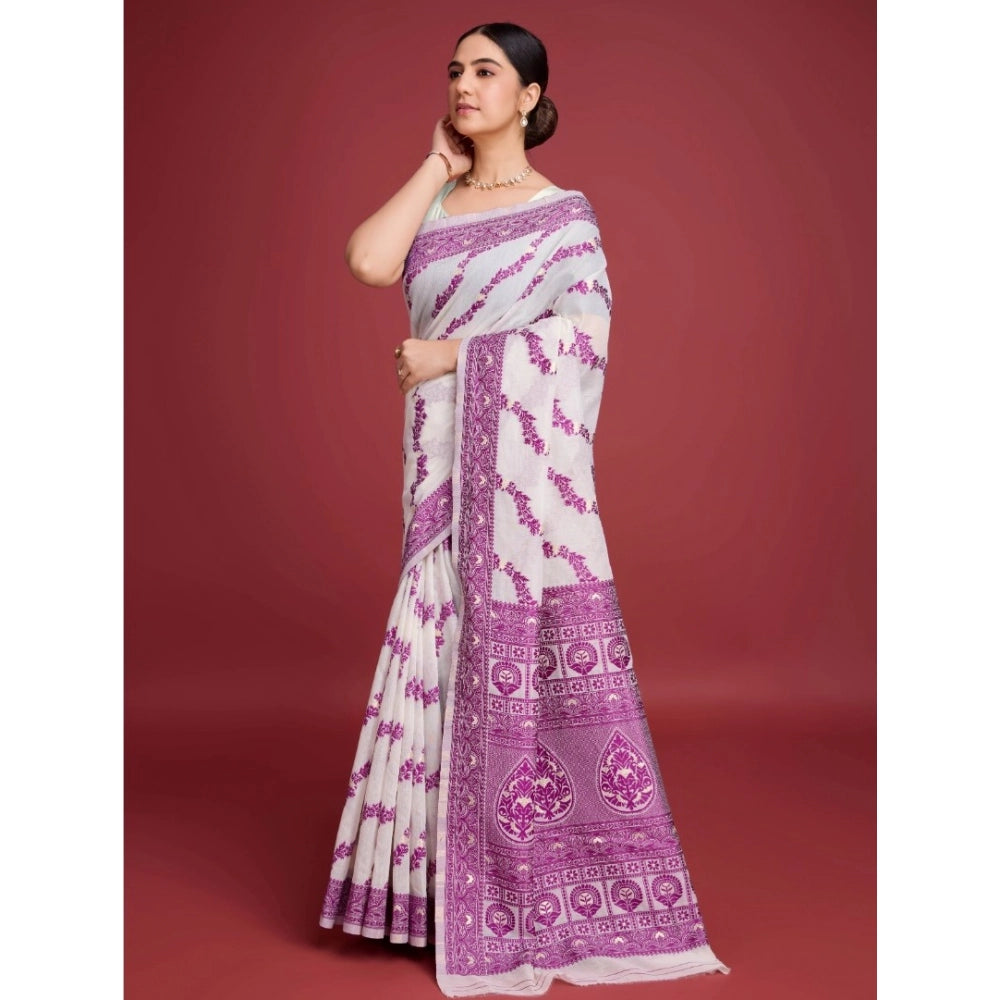 Generic Women's Jamdani Cotton Silk Printed Saree With Unstitched Blouse 5.5Mtr (Wine)