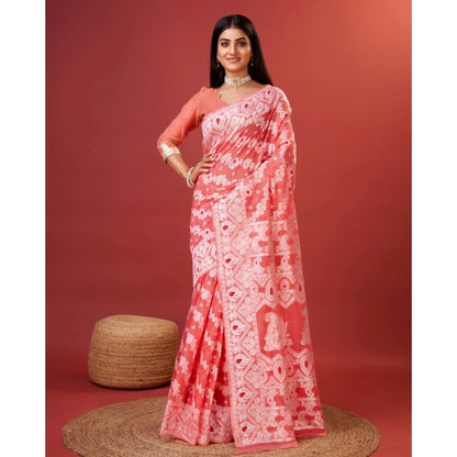 Generic Women's Cotton Silk Printed Saree With Unstitched Blouse 5.5Mtr (Peach)