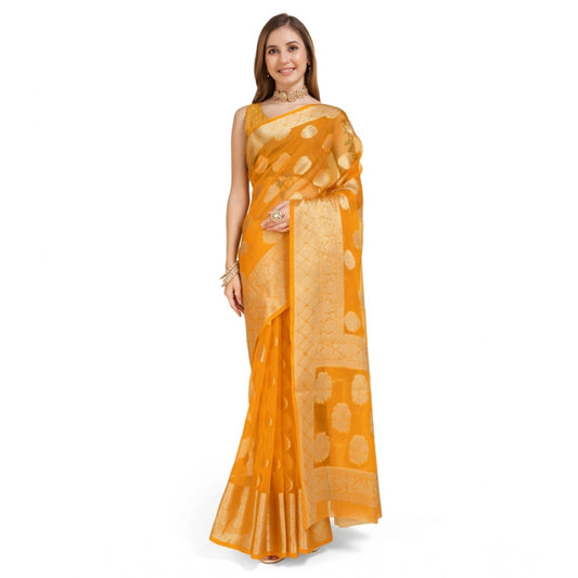 Generic Women's Soft Organza Silk Weaving Design Saree With Unstitched Blouse 5.5Mtr (Yellow)
