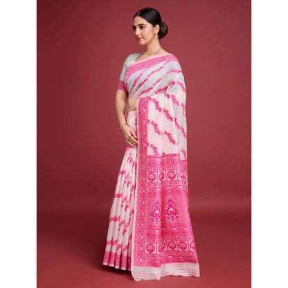 Generic Women's Jamdani Cotton Silk Printed Saree With Unstitched Blouse 5.5Mtr (Pink)