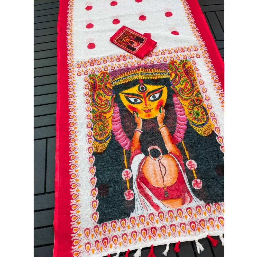 Generic Women's linen Digital Print Saree With Unstitched Blouse 5.5Mtr (White)