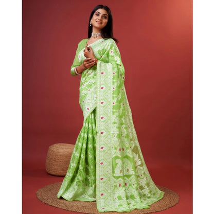 Generic Women's Cotton Silk Printed Saree With Unstitched Blouse 5.5Mtr (Light Green)