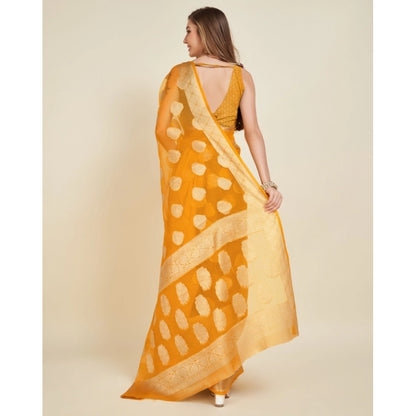 Generic Women's Soft Organza Silk Weaving Design Saree With Unstitched Blouse 5.5Mtr (Yellow)