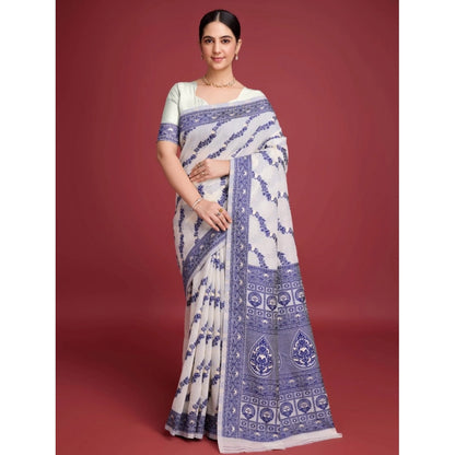 Generic Women's Jamdani Cotton Silk Printed Saree With Unstitched Blouse 5.5Mtr (Navy Blue)