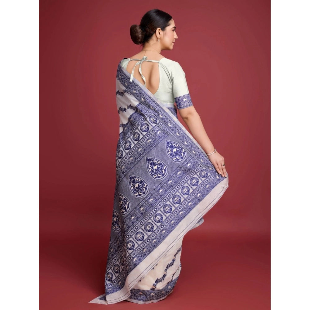 Generic Women's Jamdani Cotton Silk Printed Saree With Unstitched Blouse 5.5Mtr (Navy Blue)