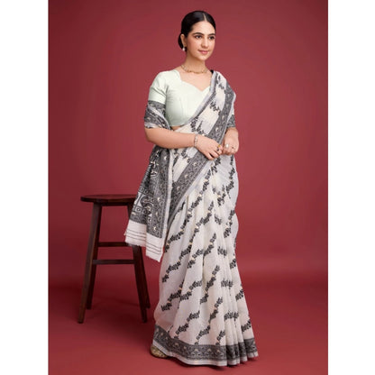 Generic Women's Jamdani Cotton Silk Printed Saree With Unstitched Blouse 5.5Mtr (Black)