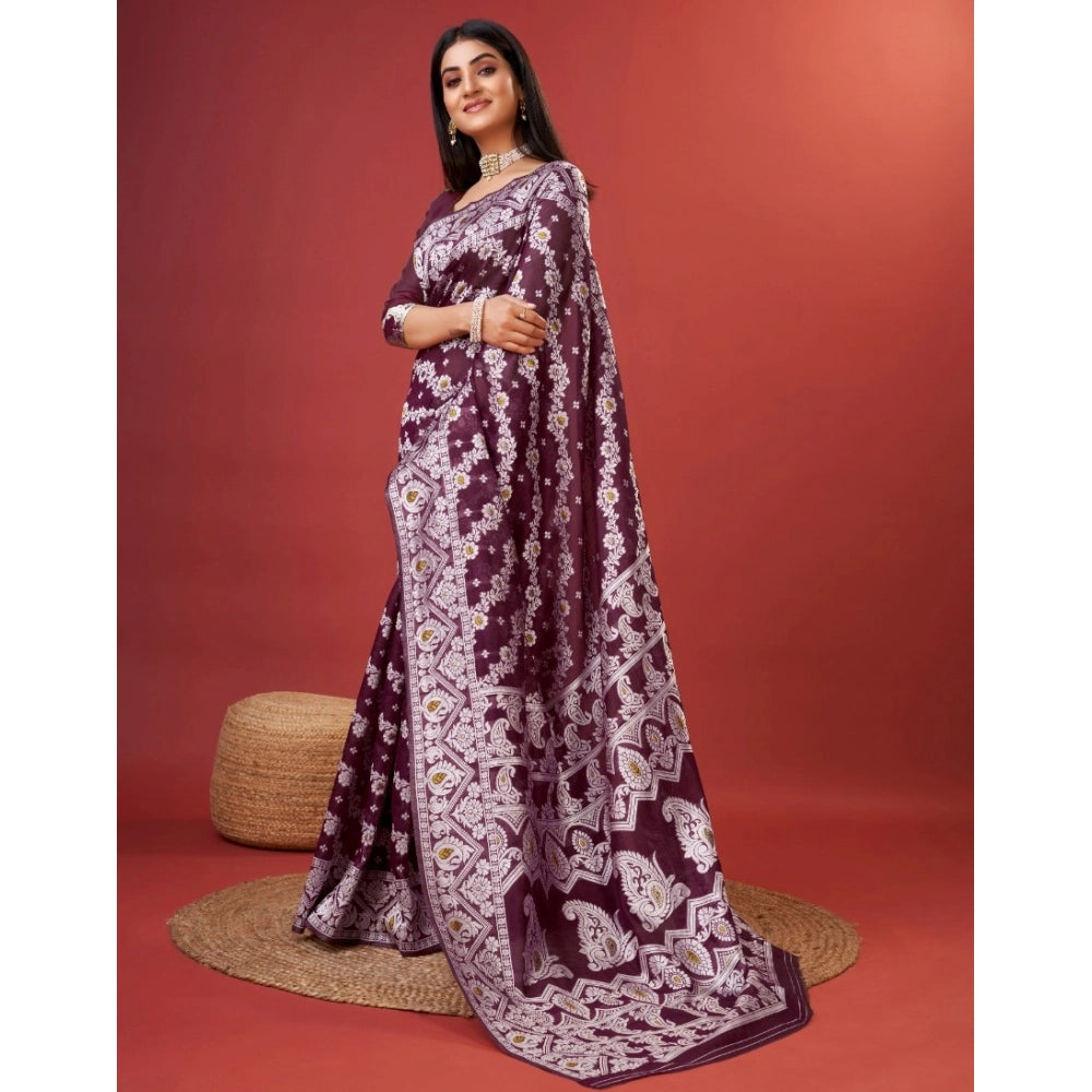 Generic Women's Cotton Silk Printed Saree With Unstitched Blouse 5.5Mtr (Purple)