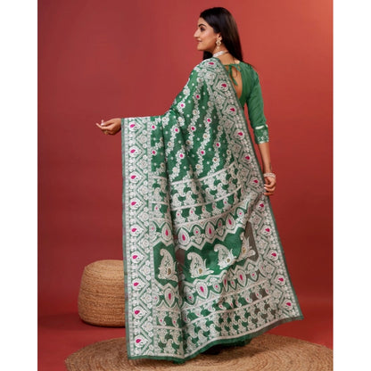 Generic Women's Cotton Silk Printed Saree With Unstitched Blouse 5.5Mtr (Green)