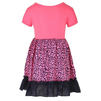 Generic Girl's Polyester Crepe Embellished Short Sleeve Round Neck Dress (Pink)