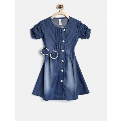 Generic Girl's Denim Striped Sleeveless Round Neck Dress (Blue)
