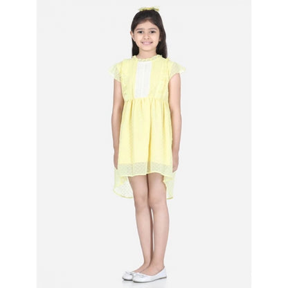 Generic Girl's Polyester Solid Short Sleeve Round Neck Dress (Lemon Yellow)