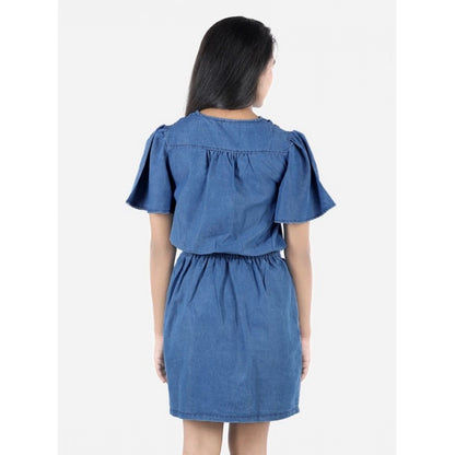 Generic Girl's Denim Solid Short Sleeve V-Neck Dress (Blue)