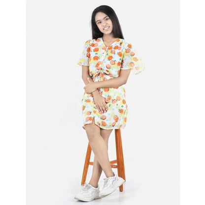 Generic Girl's Polyester Printed Short Sleeve V-Neck Dress (Yellow-Orange)