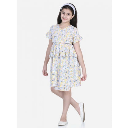 Generic Girl's Rayon Floral Printed Short Sleeve V-Neck Dress (Multicolor)